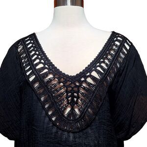 Kona Sol Women's Size S Crochet Lace Top Swimsuit Cover-Up Short Sleeve Black